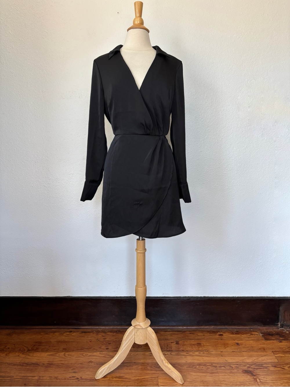 Francesca's Collections Black Long Sleeve Wrap Mini Dress